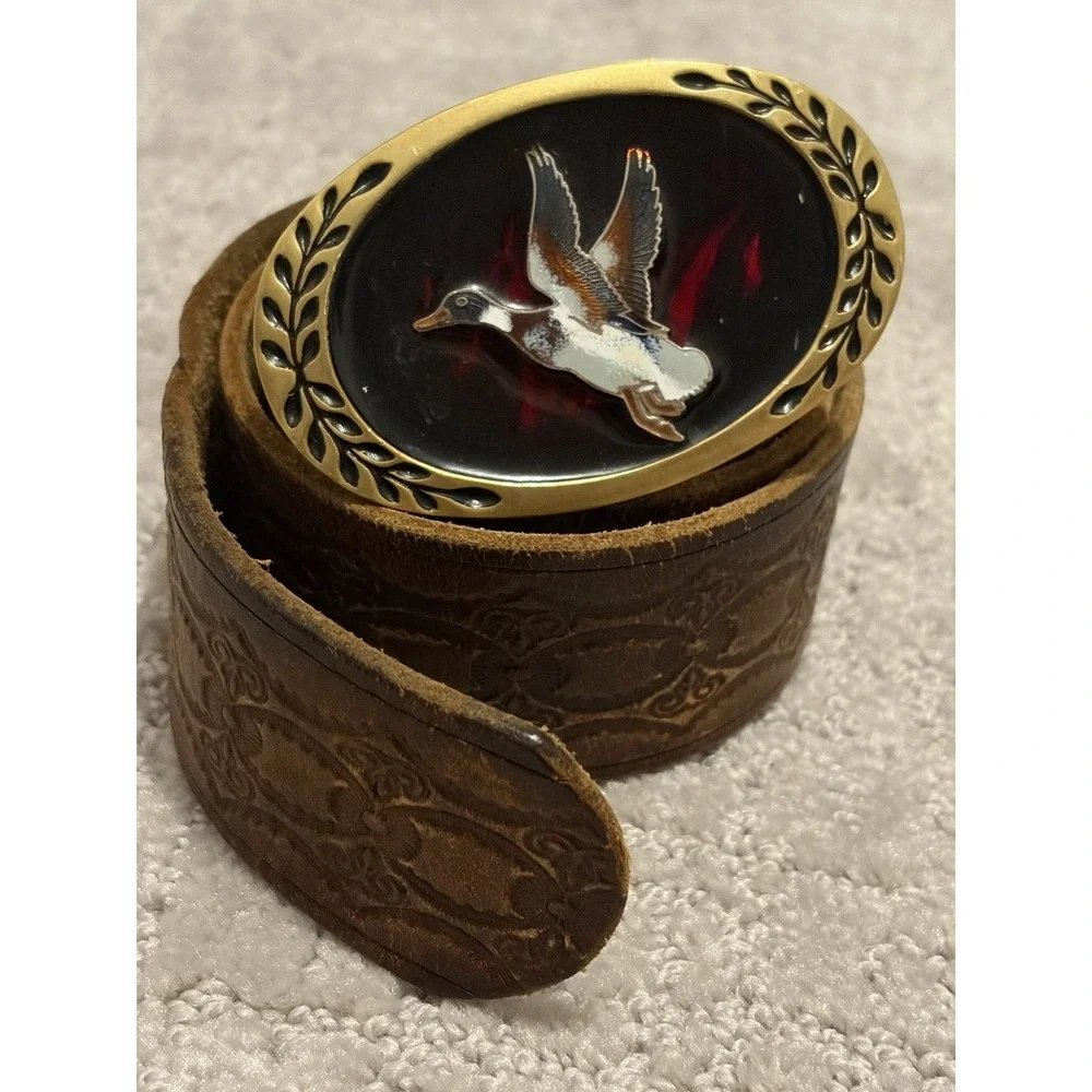 Vintage Brass Belt Buckle With Leather Belt Mallard Duck 70s 80s VTG